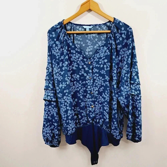 Draper James RSVP Blue Floral Long Ruffled Sleeve Bodysuit Womens Size 2X NWT - Picture 1 of 12
